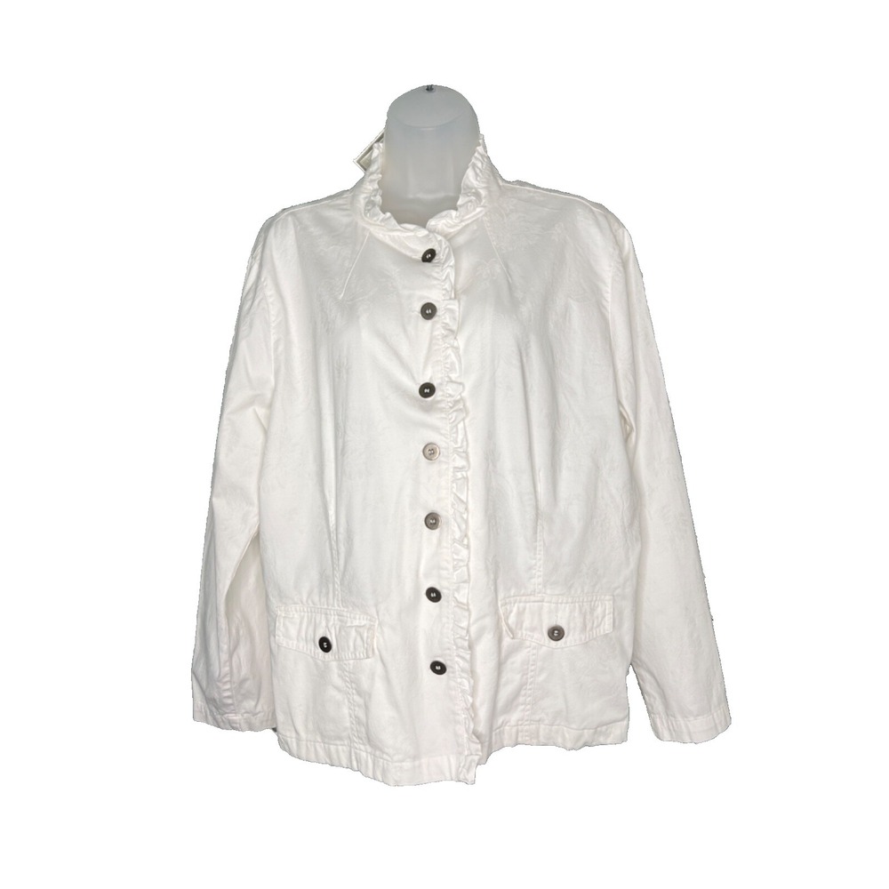 Chicos Jacket Women's XL‎ White Floral Jacquard  Ruffle Button Up Lightweight